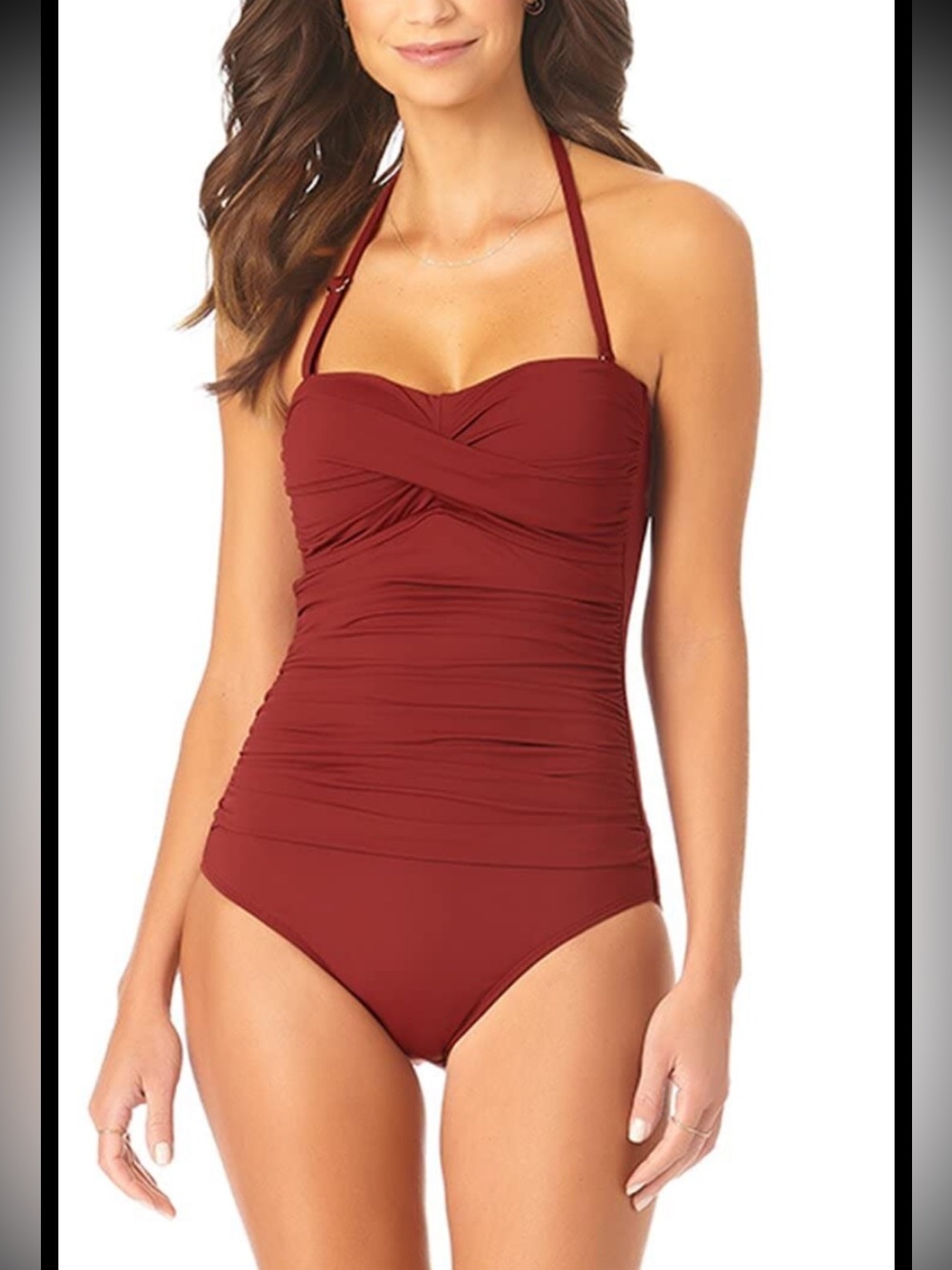 💥Anne Cole Wine Twist Front Shirred Bandeau Swimsuit Removable Straps Sz 14